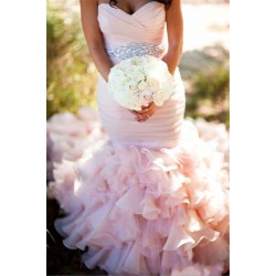 Modern Mermaid Sweetheart Wedding Dresses Pink Crystal Lace Up Lovely Ruffless Bridal Gowns