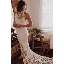 Lace Mermaid Sleeveless Halter Chapel Train Wedding Dresses