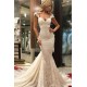 Lace Sleeveless Sweep Train Mermaid V neck Wedding Dresses