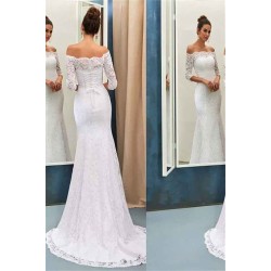 Off the Shoulder Lace Mermaid Long Sleevess Sweep Train Wedding Dresses