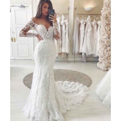 Charming Lace Appliques Mermaid Wedding Gown Long Sleeves Sweetheart Bridal Dress