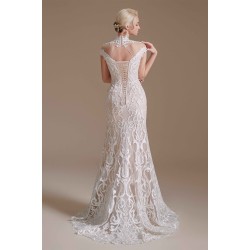 High Collar Lace Long Cap Sleeves Mermaid Wedding Dress | Ballbella Design