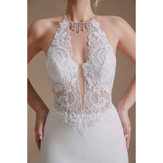Halter Lace Applique Mermaid Wedding Dress | Ballbella Design