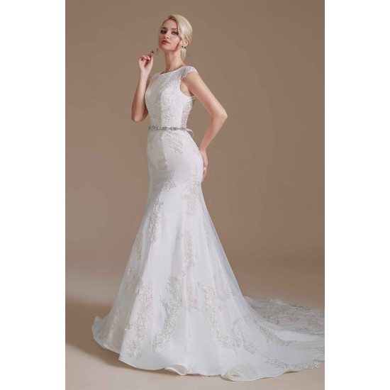 Jewel Lace Cap Sleeves Lace Mermaid Wedding Dress | Ballbella Design