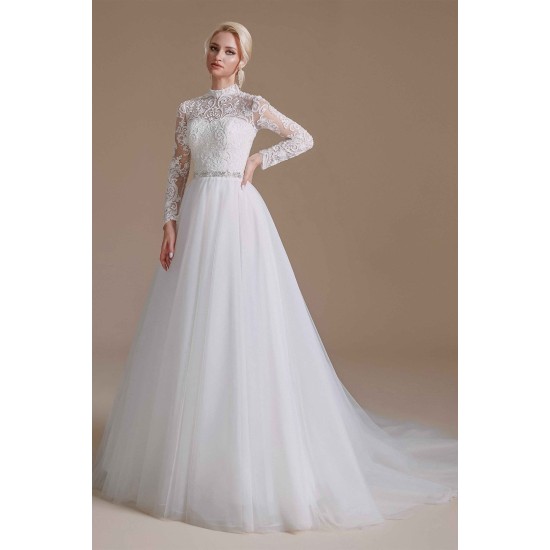 High Collar Lace Applique Long Sleeves Floor Length Wedding Dress | Ballbella Design