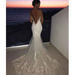 Backless Wedding Dresses Lace Mermaid Modern Spaghetti Straps Bride Dress