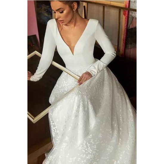 Long Sleeve V-Neck Lace Wedding Dress