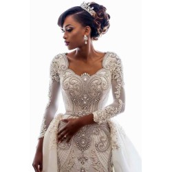Mermaid Wedding Dresses with Trendy Overskirt Beads Lace Appliques Long Sleeves Bridal Gowns