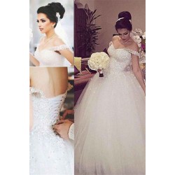 Sleeveless Ball Gown Lace Court Train Tulle Off the Shoulder Wedding Dresses