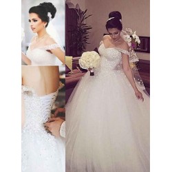 Sleeveless Ball Gown Lace Court Train Tulle Off the Shoulder Wedding Dresses