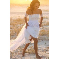 Sleeveless A Line Floor Length Off the Shoulder Lace Chiffon Wedding Dresses