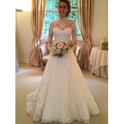 Lace High Neck Court Train Ball Gown Long Sleevess Wedding Dresses