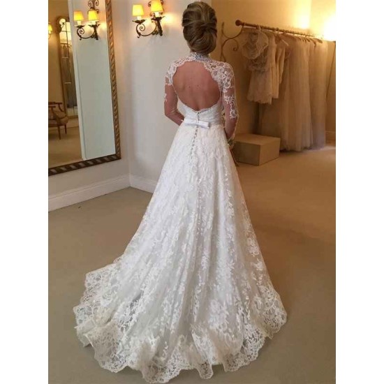 Lace High Neck Court Train Ball Gown Long Sleevess Wedding Dresses