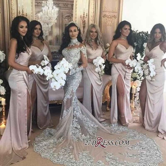 Long Sleeves Silver High Neck Popular Evening Dress Lace Mermaid Luxurious Wedding Dresses