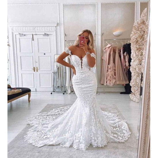 Off The Shoulder Mermaid Appliques Wedding Dresses Lace Backless Bridal Gowns