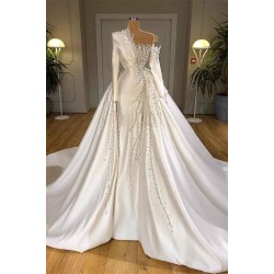Luxury Designer Pearls Wedding Dress Long Sleeves With Detachable Train