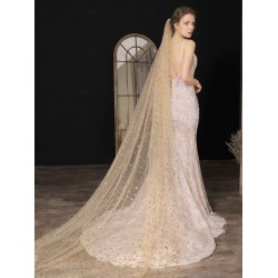 Champange Wedding Veil One-Tier Sequins Stars Tulle Finished Edge Waterfall Bridal Veils