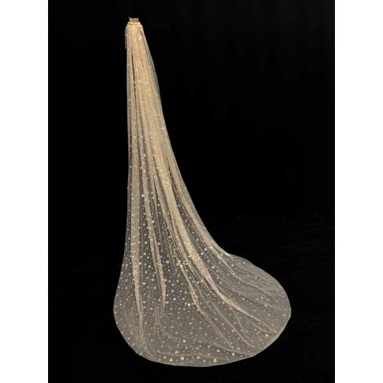 Champange Wedding Veil One-Tier Sequins Stars Tulle Finished Edge Waterfall Bridal Veils