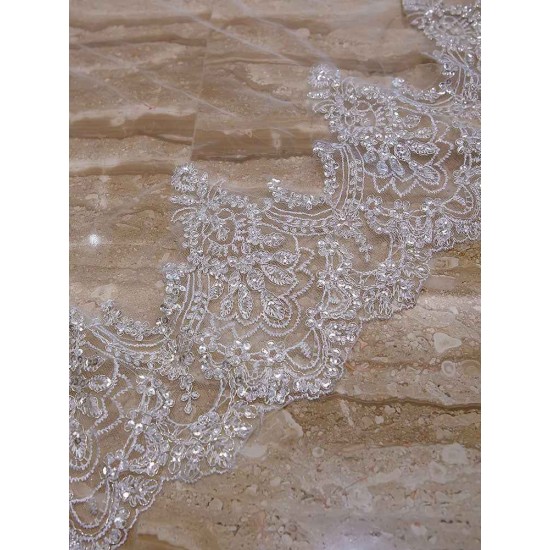 Ivory 2 Tier Long Cathedral Waterfall Lace Applique Wedding Veils