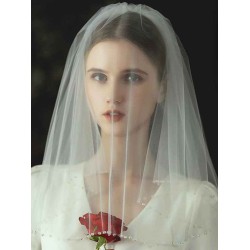 Ivory Two Tier Beaded Tulle Finished Edge Drop Bridal Veils