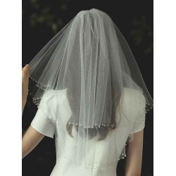 Ivory Two Tier Beaded Tulle Finished Edge Drop Bridal Veils