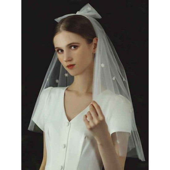 Ivory Two Tier Bows Tulle Cut Edge Drop Wedding Veils