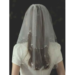 Ivory Two Tier Bows Tulle Finished Edge Drop Wedding Veils