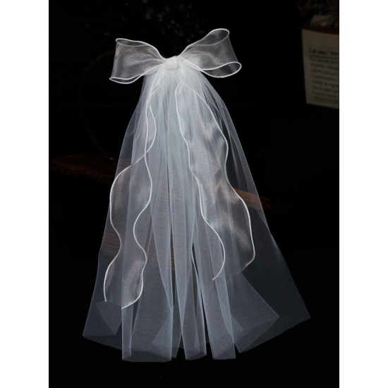 Ivory One Tier Bows Tulle Cut Edge Drop Wedding Veils