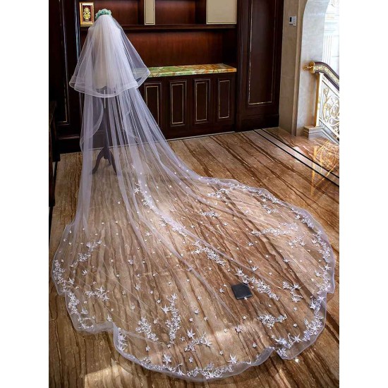 Ivory Cathedral Waterfall Lace Applique 2 Tier Long Wedding Veils