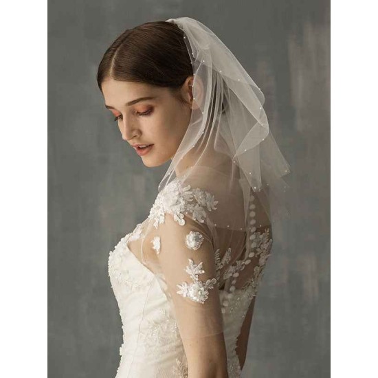 White Two Tier Pearls Tulle Cut Edge Drop Wedding Veils