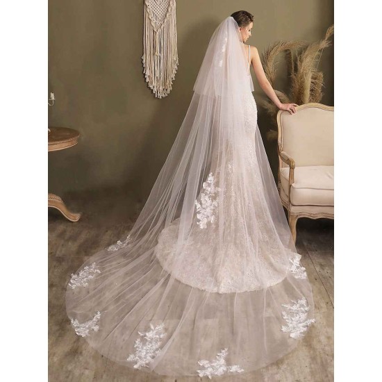 White Waterfall Two-Tier Lace Tulle Wedding Veils
