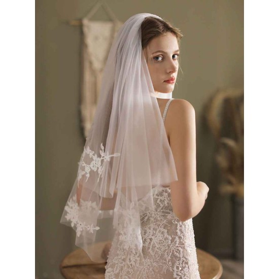 White Tulle Wedding Veils Two-Tier Lace Drop Bridal Veils