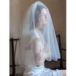 Classic Ivory Two-Tier Pearls Tulle Cut Edge Wedding Veil