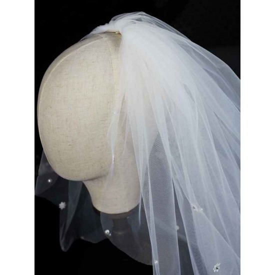 Classic Ivory Two-Tier Pearls Tulle Cut Edge Wedding Veil