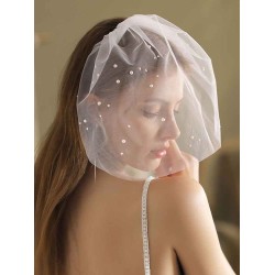 Ivory One-Tier Pearls Tulle Cut Edge Oval Short Wedding Veils