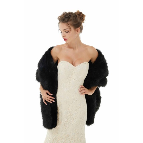 Elegant Black Stripe Faux Fur Wedding Shawl For Bride
