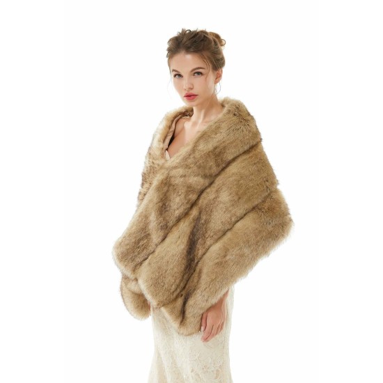 Elegant Brown Faux Fur Wedding Shawl For Bride