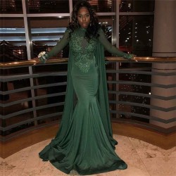 Mermaid Small Round Collar Long Sleeves Floor Length Beaded Applique Prom Dress With Cloak