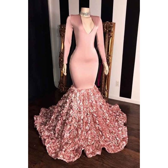 Elegant Pink Long Sleevess Flowers Mermaid Prom Gowns V-Neck Evening Dress