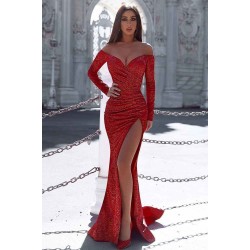 Burgundy Mermaid Evening Gown with Sleeves Splitfront Chic Party Dress