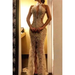 Beading Halter Lace Mermaid Evening Dresses Split Front Party Gowns