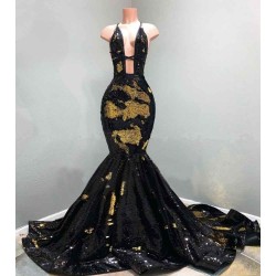 Chic Hollow Neckline Gold and Black Long Train Mermaid Evening Dresses