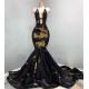 Chic Hollow Neckline Gold and Black Long Train Mermaid Evening Dresses