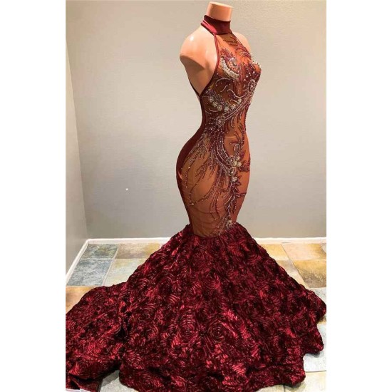 Halter Fit and Flare Flowers Maroon Prom Dresses Full Beads Sequins Luxurious Evening Dress