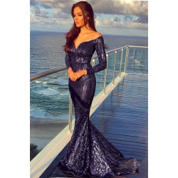 Off-the-Shoulder Sequins Wholesale Evening Dresses Long Sleevess Fit and Flare Formal Prom Dresses