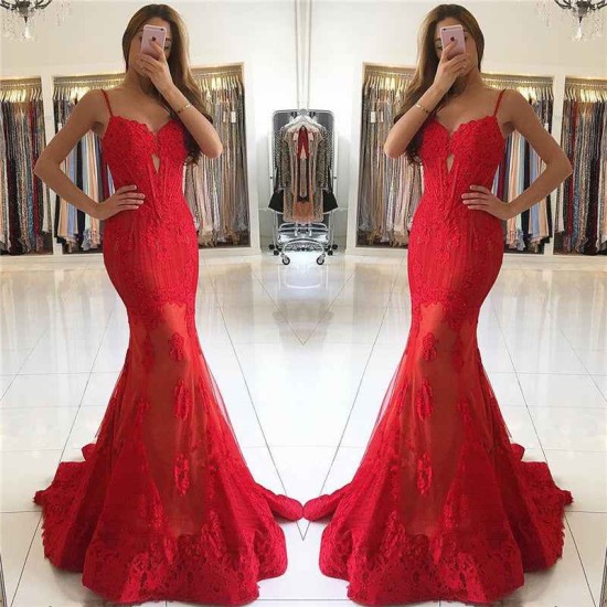 Spaghetti Straps Red Lace Evening Dresses Mermaid Chic Prom Dresses