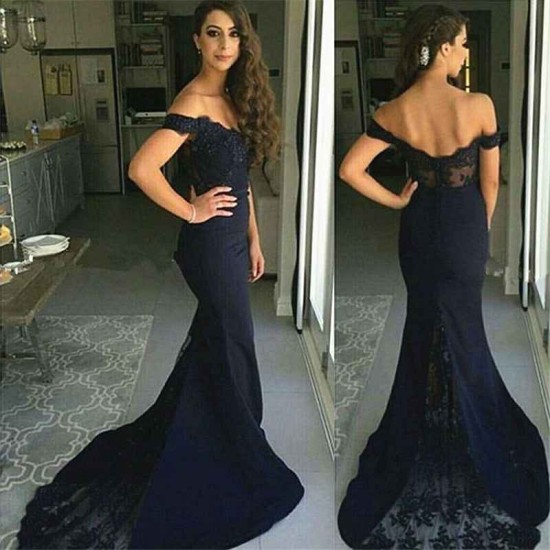 Classic Mermaid Open Back Off-the-Shoulder Mermaid Lace Formal Evening Dress