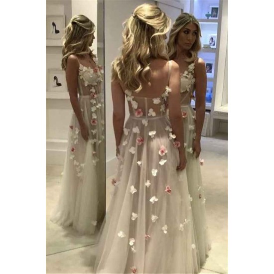 Spaghetti Straps Open Back Flowers Chic Evening Gown Corset Illusion Tulle Prom Party Gowns