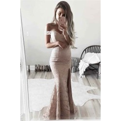 Sheath Off-the-Shoulder Lace Formal Evening Dress Chic Side Slit Evening Gowns