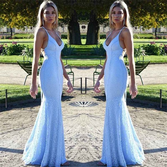 Chic Open Back Lace Evening Dress Mermaid Spaghetti Straps Baby Blue Fomral Evening Dress